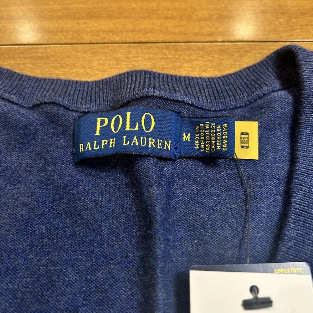 Polo Ralph Lauren Sweater Mens M Navy Blue Cotton V Neck Knit Pullover NEW Dad